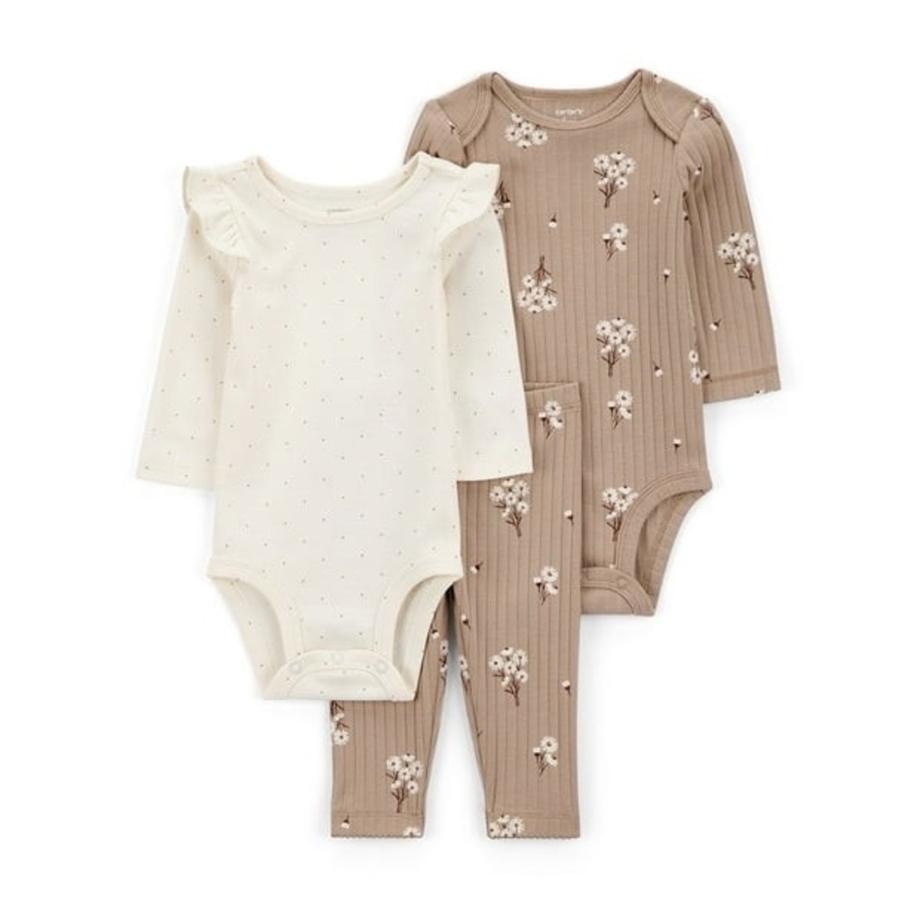 Carter's 3pc Bodysuit Pant Set Baby Girl NB Tan Floral Ribbed NWT